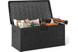 GOPLUS Coffre de Jardin Exterieur Etanche 378L,Coffre Exterieur Etanche HDPE Verrouillable Vérin à Gaz, Poignée, Banc 2 Personnes,Charge 200KG pour Balcon Piscine (Noir,130x64x59CM|378L)