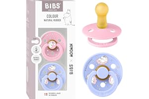 Tétine BIBS Colour Moomins. Lot de 2 sucettes. Sans bisphénol A, Téterelle ronde. Latex de caoutchouc naturel, Fabriqué au Danemark, Taille 2 (6-18 mois), Baby Pink/Hush