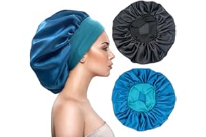 EUXINDUO 2 Stücke Satin Schlafmütze Bonnet Haarhaube Lockenhaube Zum Schlafen,Haarhaube für Die Nacht Vergrößerte Hoch Elastische Breite Krempe Weiche Weibliche Satin Haube Schlafen