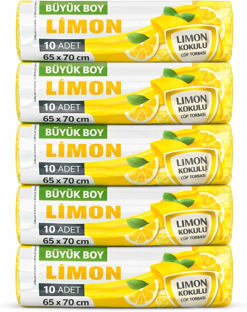 Coverest Büyük Boy Limon Kokulu Büzgülü Çöp Torbası, 65x70 cm, 60 Litre, Su Geçirmez, Kalın Çöp Poşeti, 5 Paket 50 Adet (BÜYÜK BOY, LİMON KOKULU)