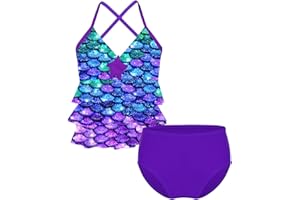 iiniim Bañador de Sirena Niña Brillante Ropa de Baño Traje de Baño Bikini Cuello en V Dos Piezas 2-16 Años