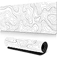 Ink Painting Mouse Mat, XL Gaming Mouse Pad, Office Mousepad with Anti-Slip Base, Precise Control Gaming Mouse Pad, Large Mice Mat Desk Pad with Stitched Edges (White Topographic Contour)