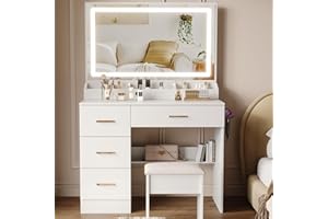 BEHOMHAZQ Dressing Table with Mirror and Stool: Vanity Desk with Mirror and Drawers - Makeup Desk with 4 Drawers, Wooden White Bedroom Dressing Table with LED Lights, Brightness Adjustable, 3 Open Storage Areas