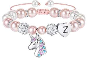TINGN Unicorn Gifts for Girls - Pink Pearl and Rhinestone Balls Heart Initial Unicorn Bracelets for Girls Jewelry Unicorn Gifts Rainbow CZ Unicorn Bracelet Birthday Unicorn Gifts for Teen Girls Gifts