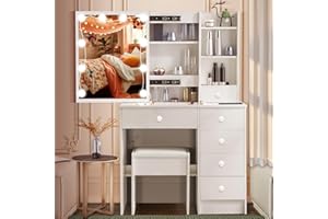 Dradaomull Tavolo da toeletta con illuminazione, specchio da toeletta con 6 cassetti e 3 ripiani, tavolo da toeletta con specchio scorrevole per camera da letto, bianco, 131 x 80 x 36 cm