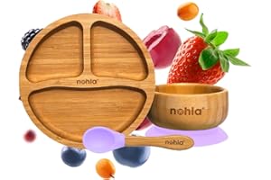 nohla ® - Bamboo Baby & Toddler Suction Plate, Bowl & Silicone Spoon Weaning Set - Suction Ring for Secure Grip on Smooth Surfaces - Eco-Friendly, BPA-Free - Lilac