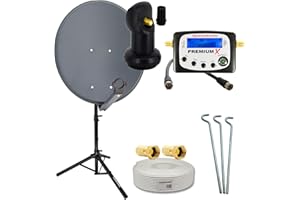 PremiumX Camping Satelliten-Komplettanlage 60cm Satellitenschüssel Single LNB Sat-Finder 10m Kabel F-Stecker Dreibein-Stativ