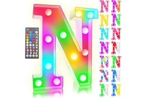 ROMULI Colorful LED Marquee Letter Lights with Remote, RGB Light Up Letters, 34 Colors Changing Battery Powered Letter Lights Gift for Wedding Birthday Party Halloween Christmas Home Decor, LED Letter N