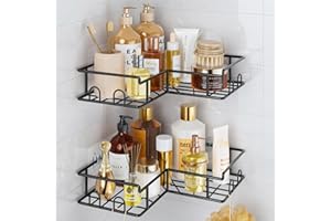 Vinabo Corner Shower Caddy, 2 Pack Rustproof Bathroom Shelves, Shower Shelf No Drilling, Adhesive Bathroom Organiser Accessory with Hooks, Black