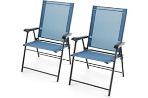 GOPLUS Juego de 2 Sillas de Jardín Plegables, Silla Plegable Jardin con Reposabrazos, Tela Transpirable y Estructura Metálica, Sillas Portátiles para Terraza Exterior Camping Patio Piscina