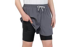 LAUSONS Short de Sport Enfant Garçon 2 en 1 Shorts de Course Séchage Rapide Fitness Short avec Poches