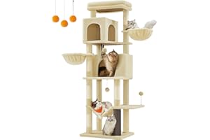 Feandrea Árbol Grande para Gatos, Torre para Arañar de 175 cm de Altura, Multinivel con 2 Cuevas, 2 Cestas, 5 Rascadores, Alfombra, Plataforma, Hamaca, Beige Arena PCT182Y01