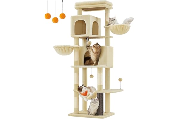 Feandrea Árbol Grande para Gatos, Torre para Arañar de 175 cm de Altura, Multinivel con 2 Cuevas, 2 Cestas, 5 Rascadores, Alfombra, Plataforma, Hamaca, Beige Arena PCT182Y01