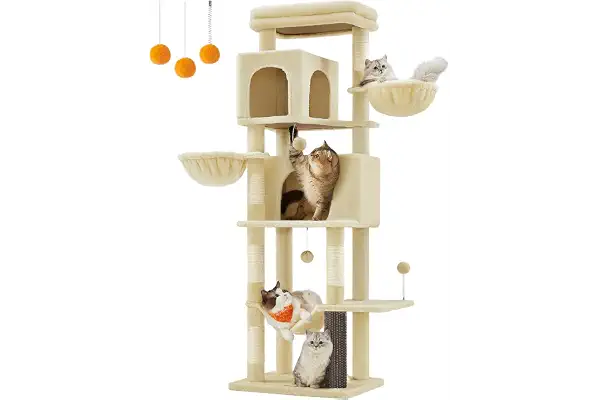 Feandrea Árbol Grande para Gatos, Torre para Arañar de 175 cm de Altura, Multinivel con 2 Cuevas, 2 Cestas, 5 Rascadores, Alfombra, Plataforma, Hamaca, Beige Arena PCT182Y01