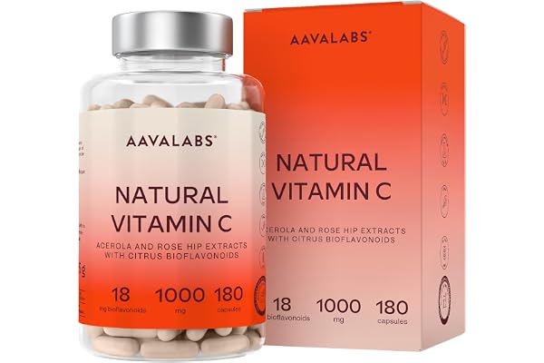 Vitamine C 1000mg - Vitamine C Acerola Naturelle Végétalienne Hautement Biodisponible Avec Cynorrhodon et Flavonoïdes d'Agrumes - Soutient le système immunitaire, réduit la fatigue - 180 gélules