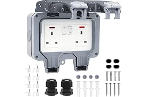 RICOKEY Double Outdoor Socket Waterproof Outside Plug Socket Weatherproof IP66 Wall Electrical Outlet 13Amp 2 Gang Storm Switched Power Box