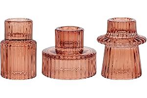 HofferRuffer Candle Holders Set of 3,Glass Votive Tealight Holders for Taper/Pillar/Tealight Candles,Candlesticks for Table Centerpiece, Wedding,Birthday,Gifts ReddishBrown