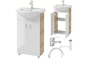 ‎.DEFTRANS Deftrans Domodomo Szafka łazienkowa z umywalka, biała, 80 x 50 x 26 cm, ceramiczna, zestaw umywalek, szafka stojąca do małej łazienki, biały + dąb, bateria umywalkowa, syfon