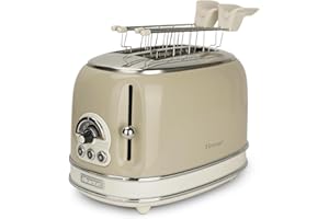 Ariete Grille-Pain 2 Tranches Vintage 155, Grille-Pain 6 Niveaux de Grillage, Éjection Automatique, Fonction Décongélation, Tiroir Ramasse-Miettes Amovible, Acier Inoxydable, avec Pince, 810W, Beige