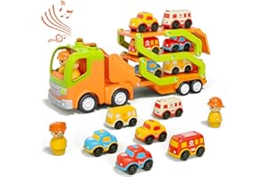 Wanborns Car Toys for 2 3 4 5 Years Old Kids, Transport Car Carrier Truck Toy with 6 Vehicle, 30in Foldable Track Trailer with Light & Sound Effects