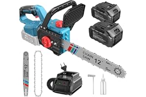PONOSEU Motosierra Bateria de 12 Pulgadas, Motosierra Eléctrica con Batería de 8000mAh, Motosierra Sin Escobillas de 1000 W, Mini Motosierra Electrica Podar Arboles Para Jardinería, Poda, Corte de Madera