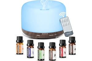ACWOO Diffusore di Oli Essenziali con 6x10ml Oli Inclusi, Telecomando 7 Colori LED, Umidificatore ad Ultrasuoni Fino a 9 Ore, per Yoga, Senza BPA