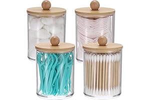 SUMTree 4 Pcs Apothecary Jars Cotton Ball & Swabs Holder Clear Acrylic Bathroom Storage Container with Bamboo Lid, Clear