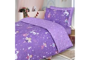 DTEX HOMES Divine Textiles, set di biancheria da letto per bambini in 100% cotone, reversibile, con federe e lenzuolo con angoli coordinati, colore: viola unicorni