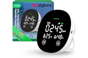 NOUS E10 Sensor ZigBee 3.0 CO₂ con Medidor de Temperatura y Humedad, Monitor Inteligente de Calidad del Aire, Pantalla LED, Alarma Sonora y App, Seguimiento en Tiempo Real,Compatible con Alexa y Tuya