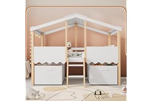 ModernLuxe 3FT Kids Single Bed Frame with Storage, Stylish Mid Sleeper Bed for Children, Sturdy Safety Guardrail, 2 Large Storage Boxes with Wheels, Imitation Roof Design, White & Natural, 90x190cm