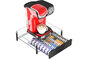 HFHOME Support de 64 Capsules de Café en Verre - Tiroir de Rangement, Support de Machine à Café, Design Anti-Vibration