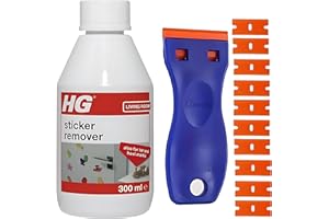Sticky Stuff Remover with Amara Plastic Scraper & 10 Blades - HG Sticker Remover 300ml & Plastic Scraper - Sticker Remover, Sticky Label Remover, Adhesive Remover, Glue Remover and Car Sticker Remover