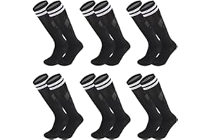 Geebuzz 6 Pairs Kids Youth Soccer Socks Solid Striped Knee High Tube Football Sports Socks for Boys Girls 6-12 Years Old