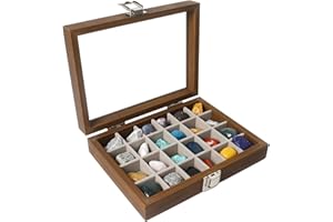 Dmnnlp 24 Grids Rock Display Case, hölzerne Rock Collection Box mit klarem Glasdeckel, Storage Display Boxen für Sammlerstücke Edelstein Fossil Kristall Stein Schmuck (Dunkelbraun)
