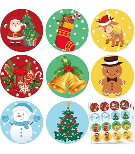 500 Autocollants Ronds De Noël | 8 Motifs Sapin, Bonhomme De Neige… Pour Emballages Cadeaux Et Scrapbooking