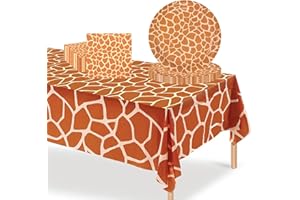 POPOYU 37Pcs Jungle Safari Animal Paper Tableware Set,Giraffe Print Paper Plates 9 Inch Napkins Table Cloth,Forest Zoo Animal Tableware for Jungle Safari Animal Wild One Birthday Hen Party Supplies