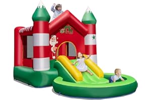 COSTWAY Inflatable Bounce House, Christmas Theme Bouncy Castle with Slide, Ball Pit Pool and Jumping Area, Blow Up Kids Activity Center for Indoor Outdoor (without blower)