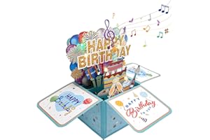 AURIVEE Carte d'anniversaire musicale 3D avec lumières LED et bougies soufflables, Boîte cadeau pop-up pour femmes, hommes, enfants et adultes (Cadeau d'anniversaire bleu)