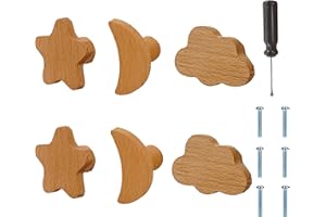 ED-Lumos Boutons d'armoire en bois pour chambre d'enfant, lot de 6 boutons en bois, boutons de meubles en bois，Poignées de Meuble en Bois étoile nuage lune