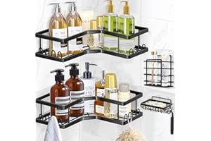 Wilkpow Duschablage, Duschkörbe Organisation Ohne Bohren, 4 Stück Duschregal Schwarz Mit Seifenschale & Haken, Badezimmer Duschregal Edelstahl Fur Badezimmer Kuche, Shower Caddy Schampoo Halterung