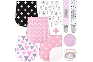 Dodo Babies Paquete de 5 paños para eructar para bebé - Paños para eructar de algodón suaves y absorbentes - Incluye estuche para chupete y 2 clips para chupete - Colores: rosa, gris y negro