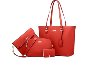 DORRISO Sac à Main Femme 4 Pièces — Grand Cabas PU Cuir Élégant avec Bandoulière, Pochette et Porte-Carte, Idéal Université, Travail, Shopping, Voyage Rouge