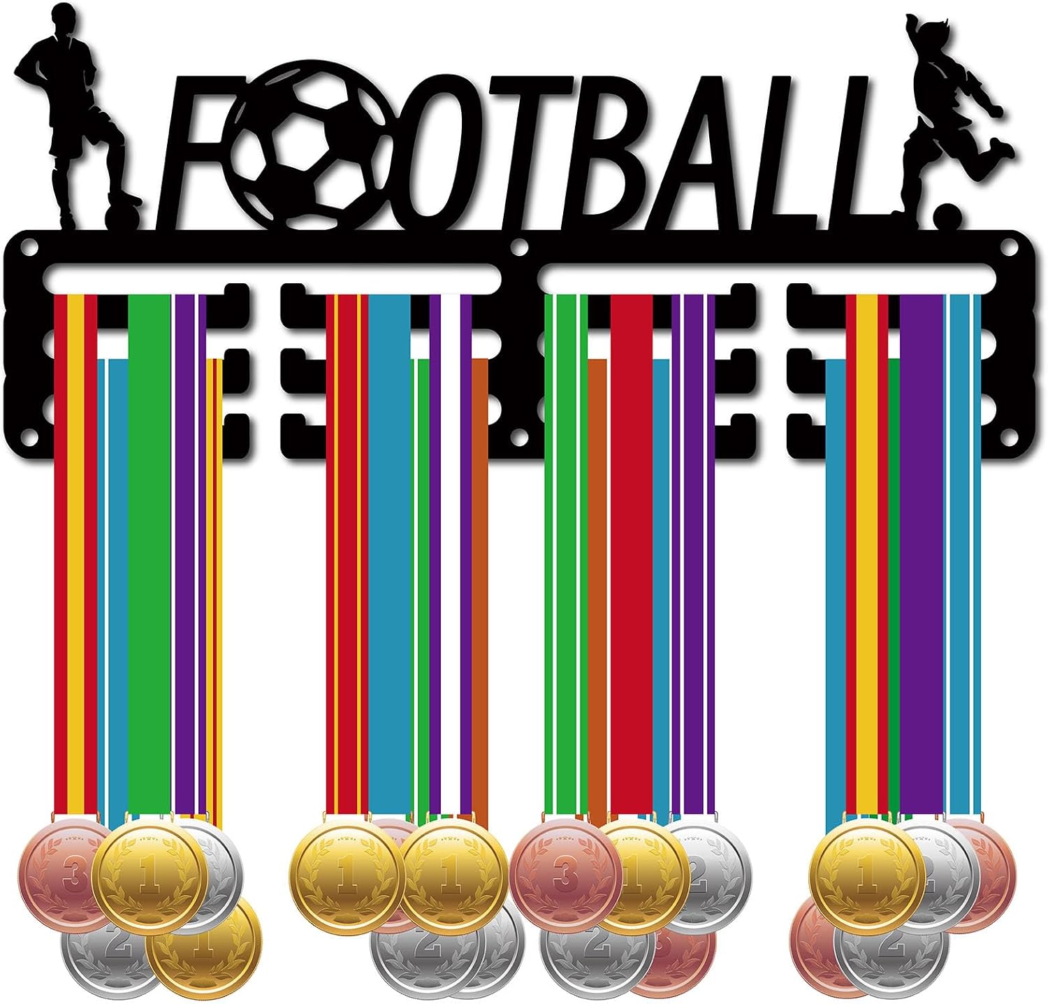 CREATCABIN Soporte para Medallas Fútbol,Colgadores Medallas,Estante Fútbol,Deportes,Premios Colgantes Metal,Hierro,Montaje Pequeño,Decoración,Premios para Mujeres,Pared,Hogar,Insignia,Negro,29x12.8cm