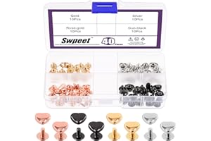 Swpeet 40pcs métal coeur décoratif double tête rivet set, 4 couleurs 10mm rivet coeur pour ceinture, vêtements, portefeuille, sac en cuir, artisanat en cuir bricolage accessoires faits à la main