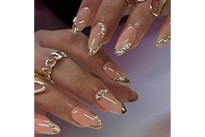 CEBOIC 24 sztuki nabłyszczających paznokci Nude Rosa Press on Nails, złote błyszczące paznokcie do naklejania, ręcznie wykonane, sztuczne paznokcie z perłą, akrylowe, sztuczne paznokcie, dla kobiet i