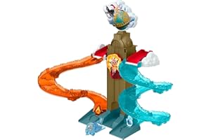 Fisher-Price DC Liga Super-Pets Akcja ratunkowa Daily Planet Zestaw z dwoma torami wyścigowymi, metalowym pojazdem i wyrzutnią, dla dzieci od 3 roku życia, HGL15