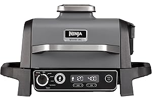 Ninja Woodfire Parrilla eléctrica de exterior y freídora de aire, 7 en 1, Air Fry, Smoke, Roast, Bake y otras funciones, resi