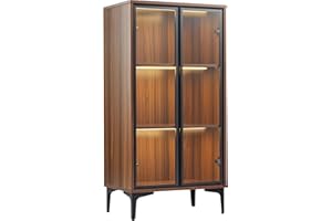‎EUREKA ERGONOMIC EUREKA ERGONOMIC Vitrine, Curio Schrank mit 2 Regalen, LED-Beleuchtung, Tür aus gehärtetem Glas, verstellbare Regale für Sammlerfiguren, Wohnzimmer, Schlafzimmer Walnußholz Farbe