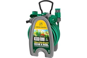 CUQOO Green Haven Garden Hose Pipe Reel – 10m / 32ft Lightweight Compact Hosepipe with 7-Pattern Spray Nozzle Gun, Easy Wind Mini Hose Reel for Small Gardens, Balconies & Outdoor Cleaning