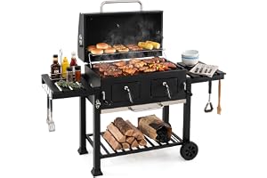 COSTWAY kolgrill med lock XXL, grillvagn | Stående grill med 2 sidobord, 2 höjdjusterbara kolskålar, termometer, grillgaller